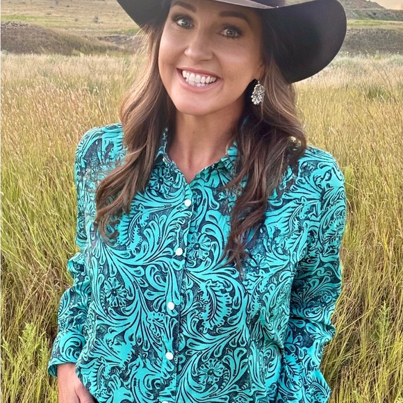 Turquoise tooled button down - Picture 1 of 3